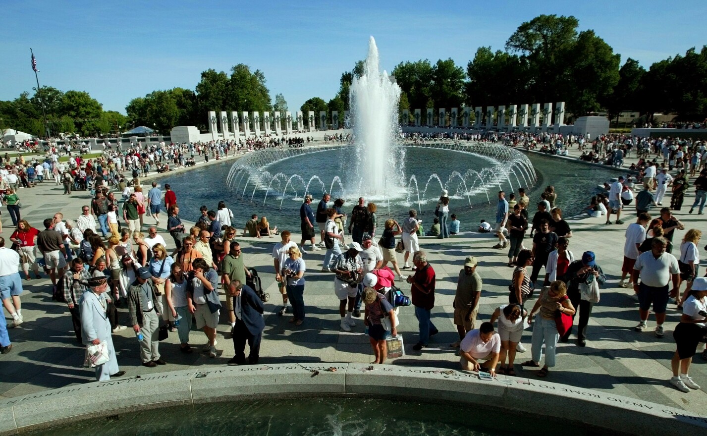 The then-newly dedicated National World War II Memorial on May 29, 2004 in Washington. The memorial honors the 16 million who served in the armed forces of the U.S. during WW II, the more than 400,000 who died and the millions who supported from home.